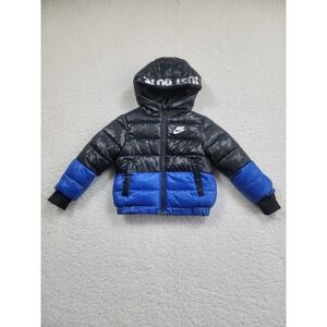Nike Puffer Jacket Toddler 2T Black Blue Hooded Just Do It Fleece Lined Coat